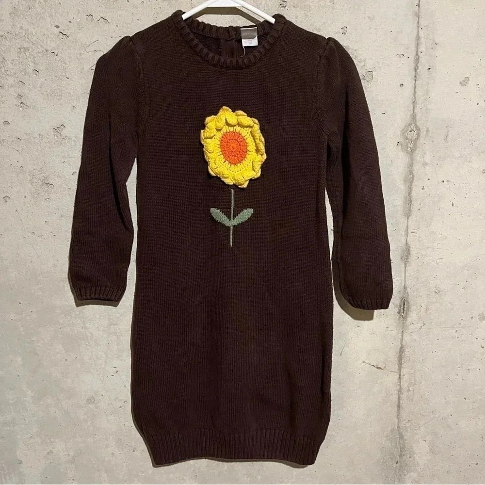 Gymboree Girls 10 Brown Knit Sweater Dress Yellow Flower Long Sleeves